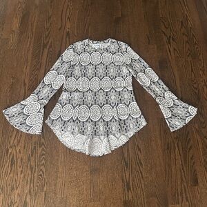 Joseph Ribkoff Black and White Medallion Bell-Sleeve Blouse